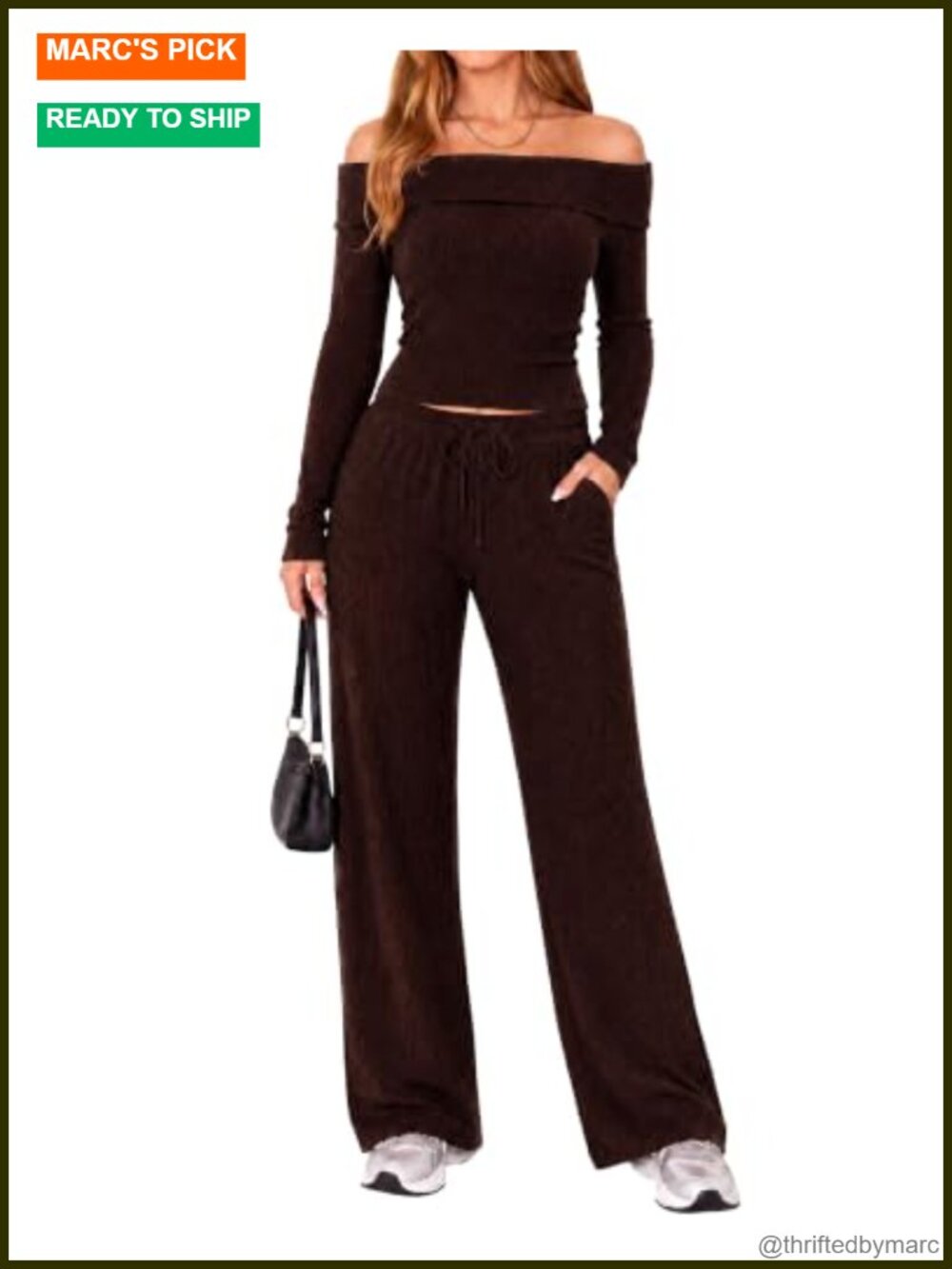 Womens 2 Piece Lounge Set Off Shoulder Sweater Wide Leg Pants Travel Outfit